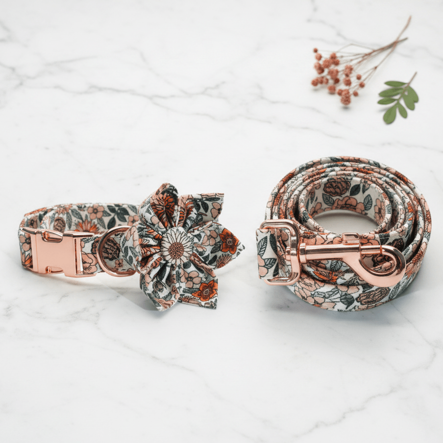 Durable metal buckle dog collar with engraved flower design, fashionable pet accessory for small to medium dogs.