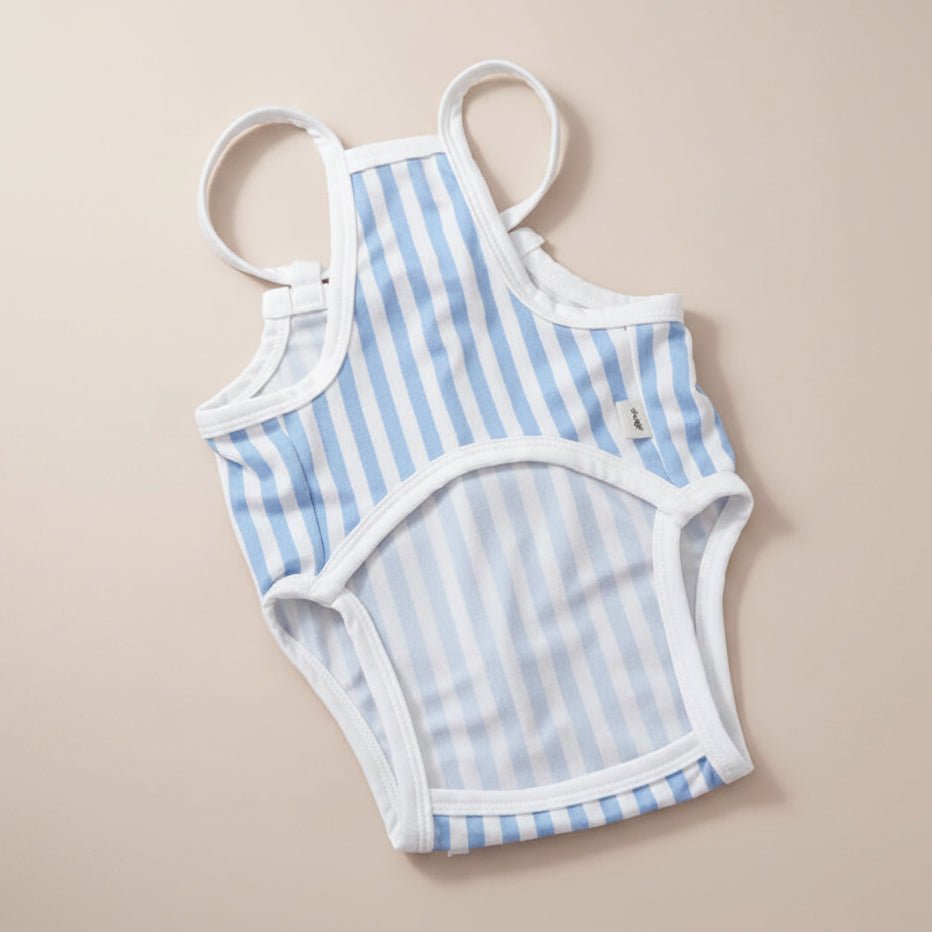Small dog swimsuit Splashbury dark blue stripe bow one piece