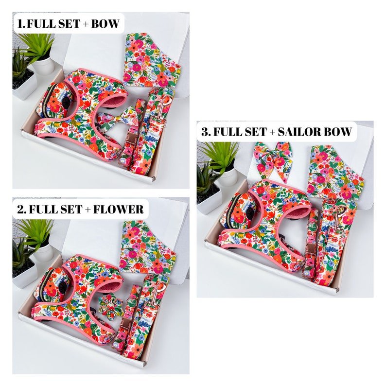 Strawberry pet adjustable harness with bowtie collar for dogs, suitable for weddings and birthdays, by Mona & Milo