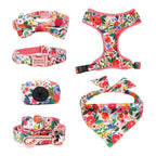 Strawberry-themed adjustable pet harness with bowtie collar for dogs, suitable for weddings and birthdays, by Mona & Milo