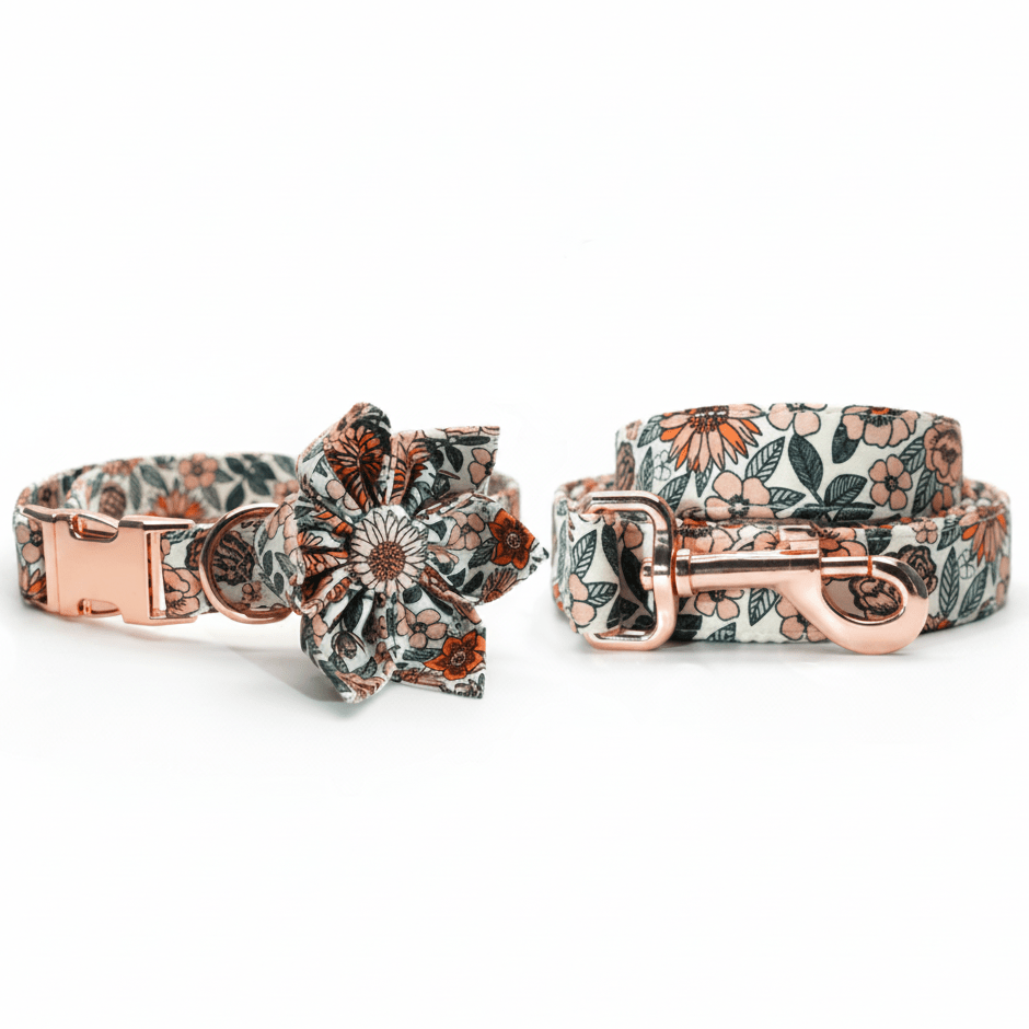 Durable metal buckle dog collar with engraved flower design, fashionable pet collar for dogs, made Mona & Milo