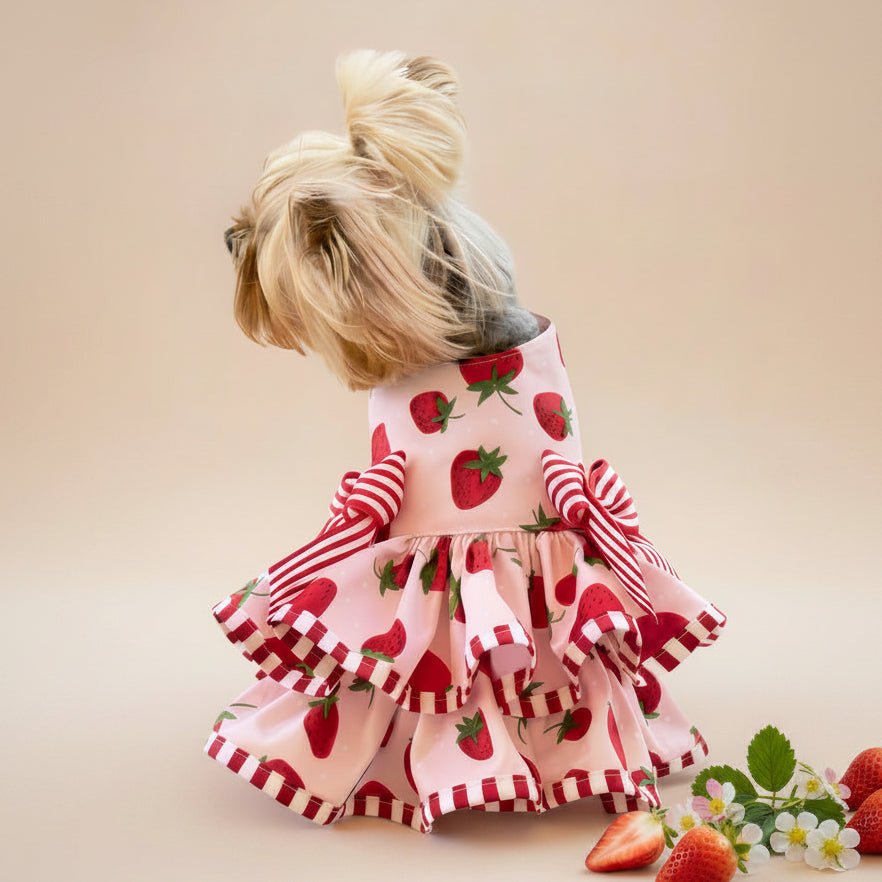 Mona & Milo Berry Daydream Dress displayed on a hanger with floral pattern and flowing fabric,