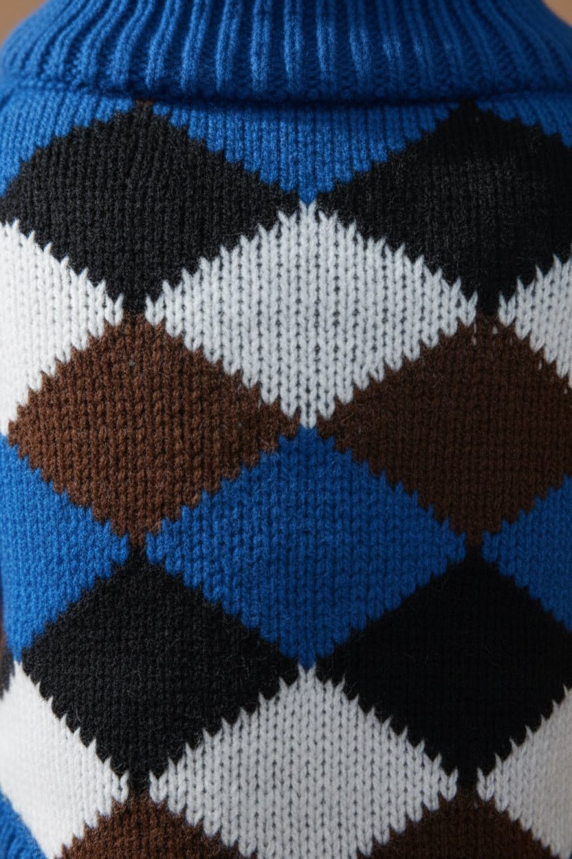 Elegant small dog sweater for French Bulldog argyle flat lay
