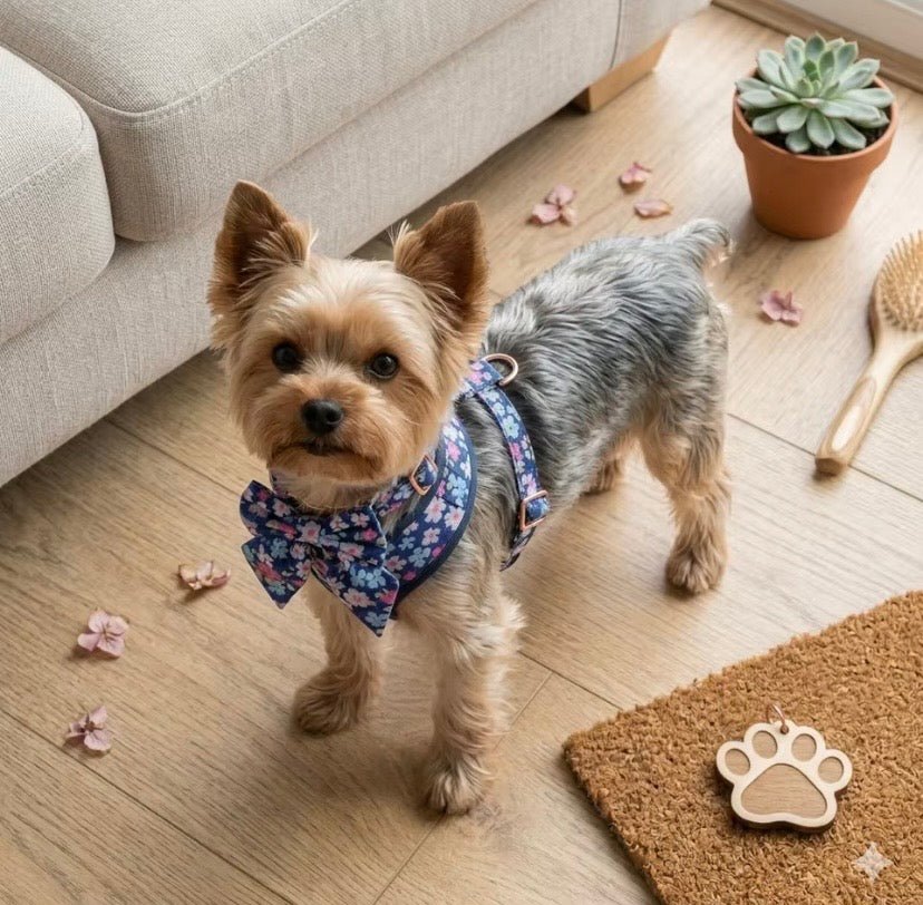 Blue Dahlia full walk harness by Mona & Milo, adjustable pet harness with blue floral pattern and padded straps.