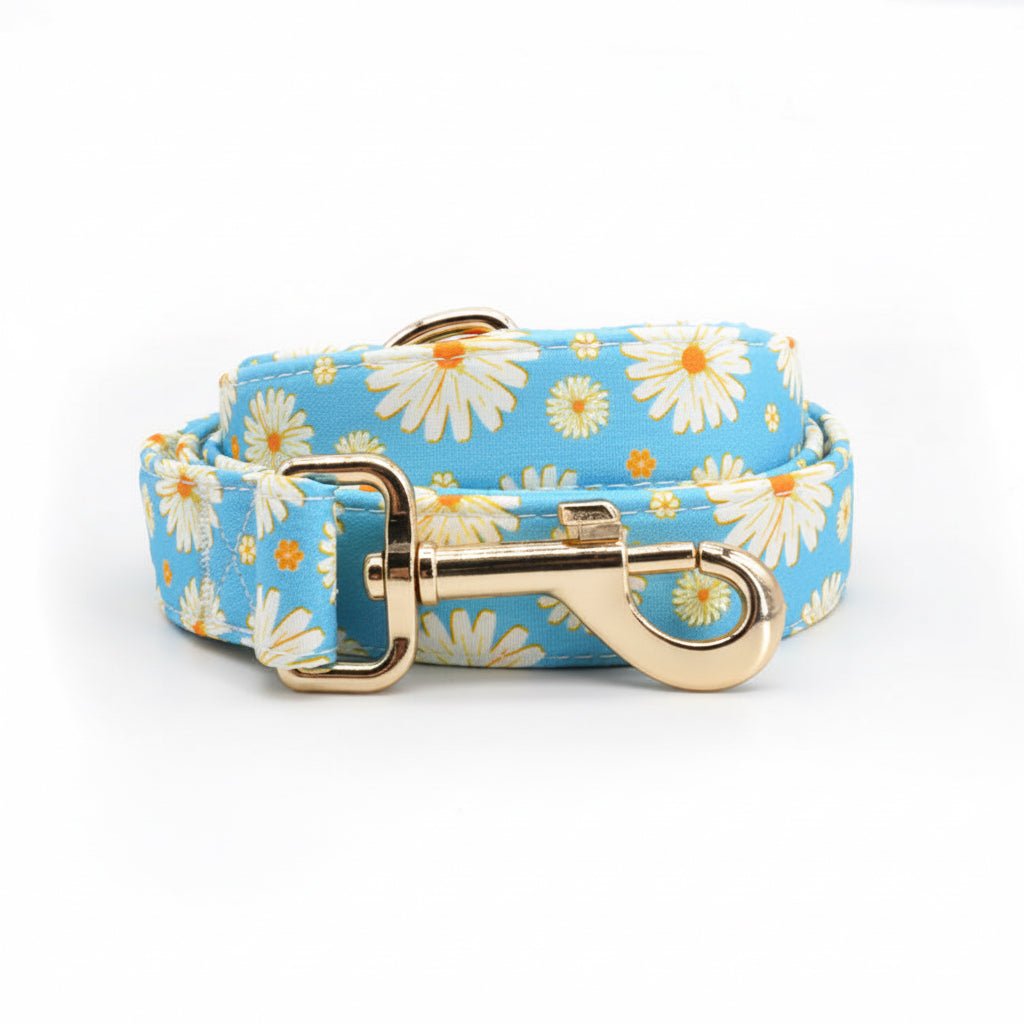 Mona & Milo Daisy Days dog collar and leash set with floral pattern and adjustable straps for small to medium pets.