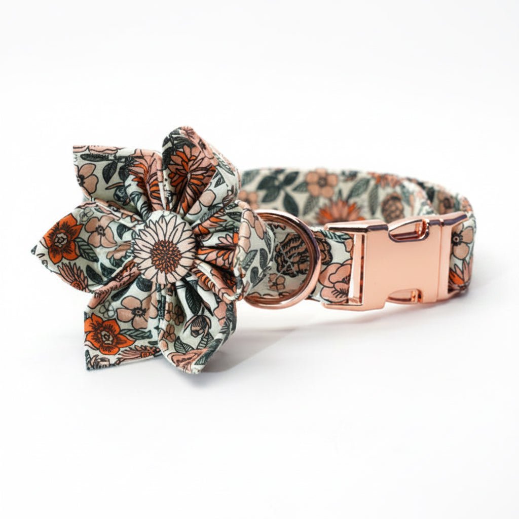Durable metal buckle dog collar with engraved floral design, fashionable pet collar for small and medium dogs.