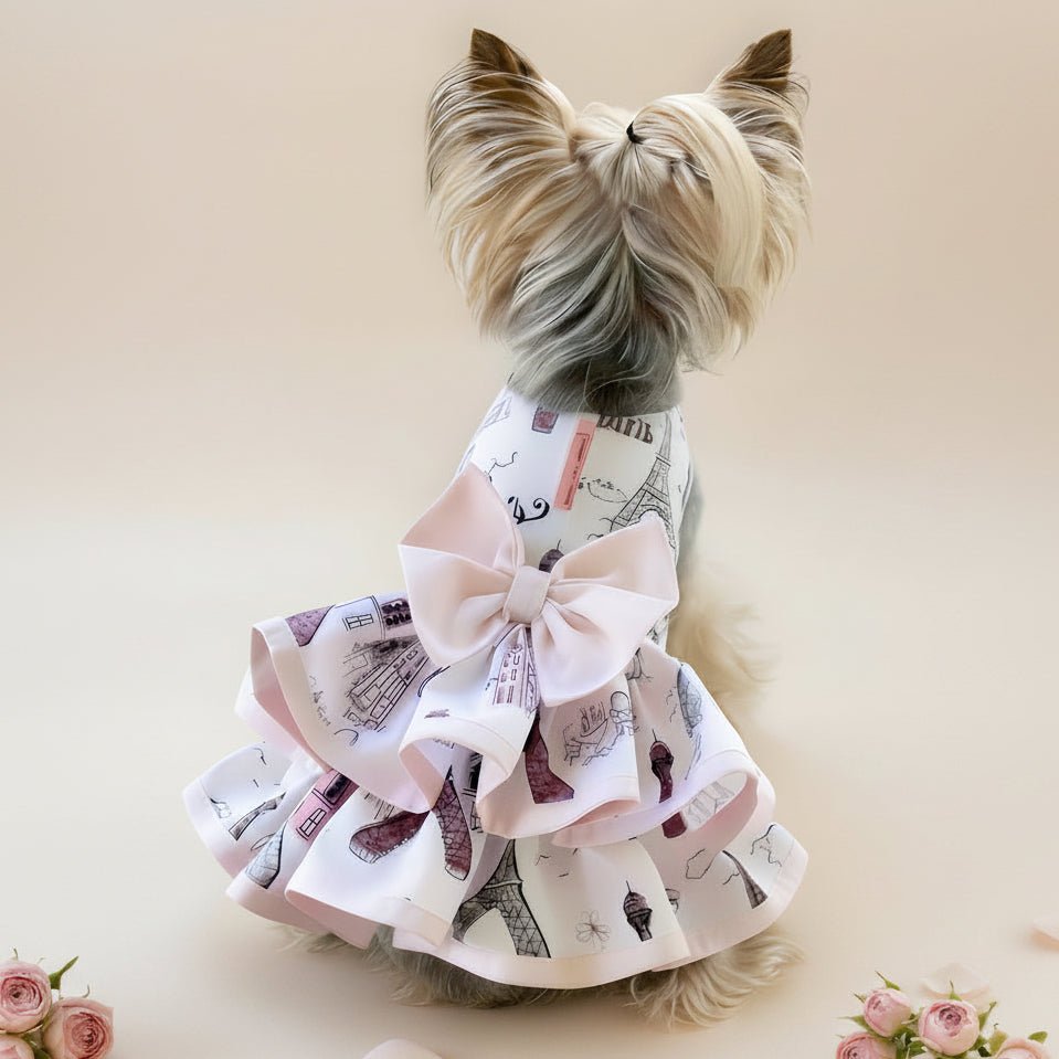 Mona & Milo The Petit Paris Dress, stylish children's dress with floral pattern and ruffled sleeves, displayed on a hanger.