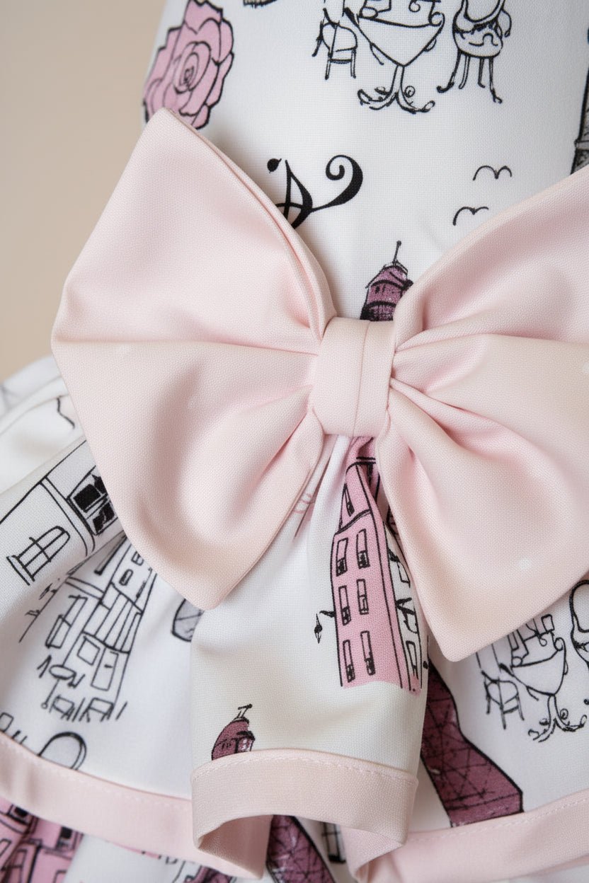 Mona & Milo The Petit Paris Dress displayed on a hanger, featuring a floral pattern