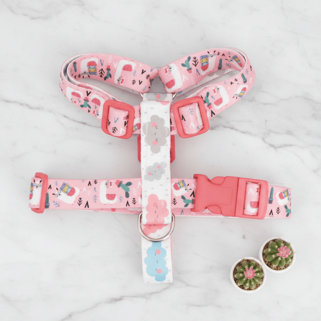 Pink Alpaca Clouds tactical dog leash and collar set with soft vest, adjustable, reversible, small size, no-pull harness