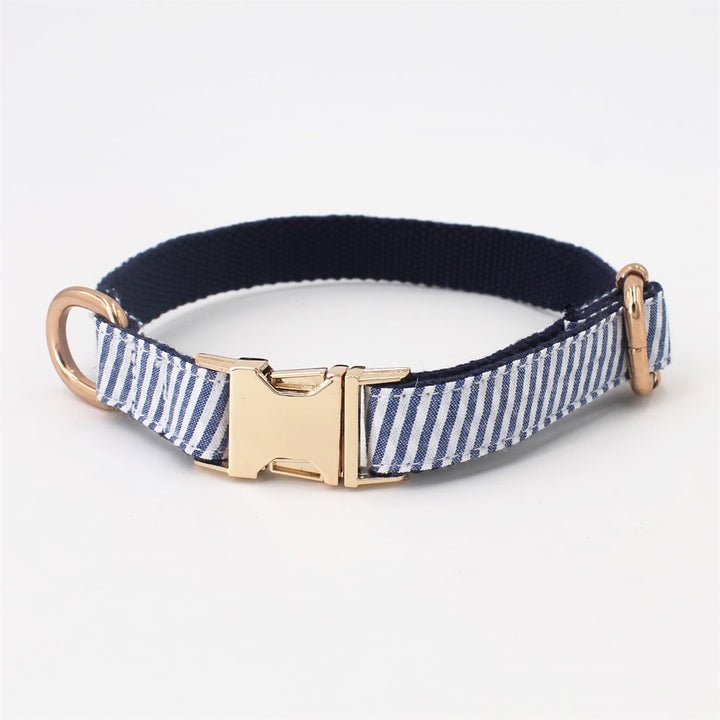 Custom striped pet leash and matching dog bowtie collar, suitable for weddings and birthdays, made by Mona & Milo