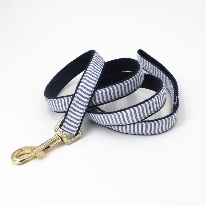 Custom striped pet leash and matching dog bowtie collar, suitable for weddings and birthdays, made by Mona & Milo