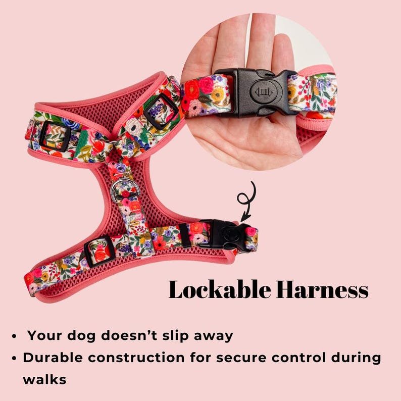 Floral-themed adjustable dog harness with bowtie collar, perfect for pets on special occasions like weddings or birthdays.