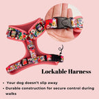 Floral-themed adjustable dog harness with bowtie collar, perfect for pets on special occasions like weddings or birthdays.