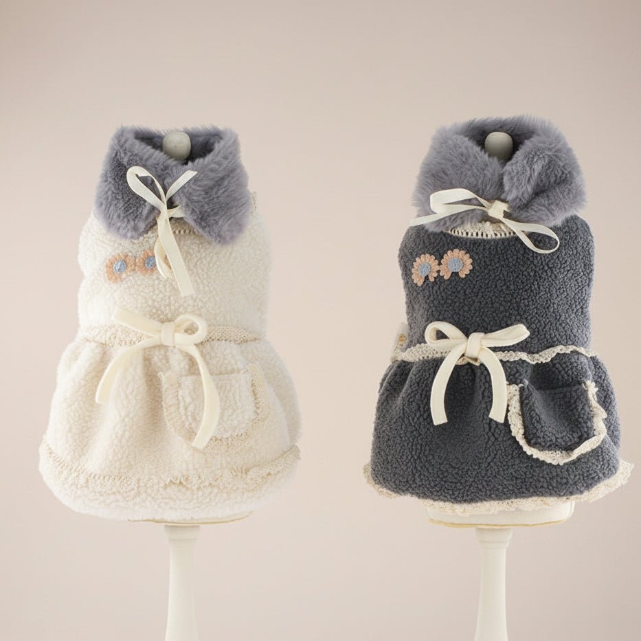 Mona & Milo Fernandine Warm Sherpa Dress displayed on a hanger, featuring a cozy, plush sherpa fabric in a stylish design.