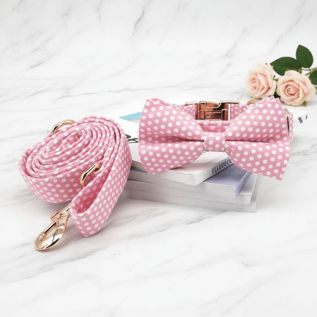 Pink floral design dog collar and leash set, customizable for pets, ideal for weddings or birthdays.