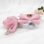 Pink floral design dog collar and leash set, customizable for pets, ideal for weddings or birthdays.