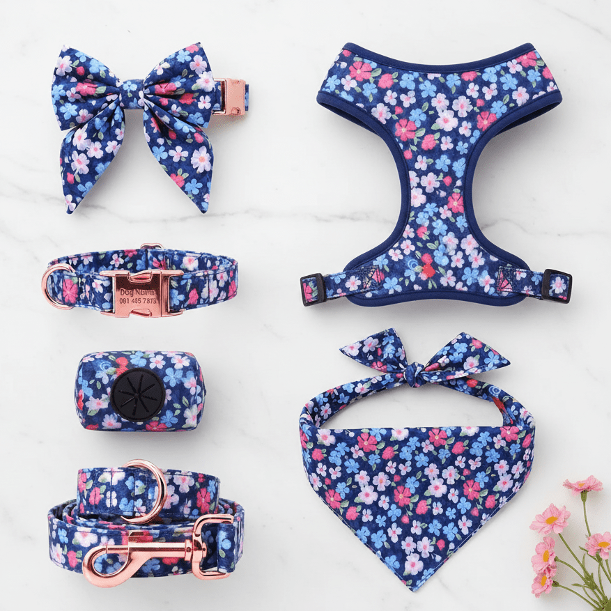 Blue Dahlia full walk harness by Mona & Milo, featuring adjustable straps and durable material for comfortable pet walks.