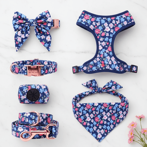 Blue Dahlia full walk harness by Mona & Milo, featuring adjustable straps and durable material for comfortable pet walks.