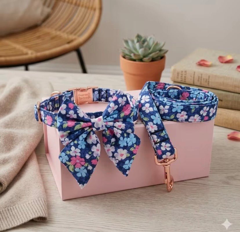 Blue Dahlia Full Walk Set harness by Mona & Milo, featuring a stylish blue floral design with adjustable straps.