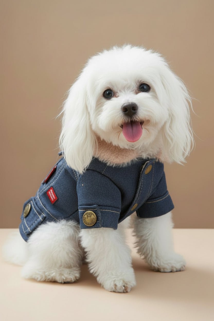 Elegant small dog jacket for Maltese blue jean detail
