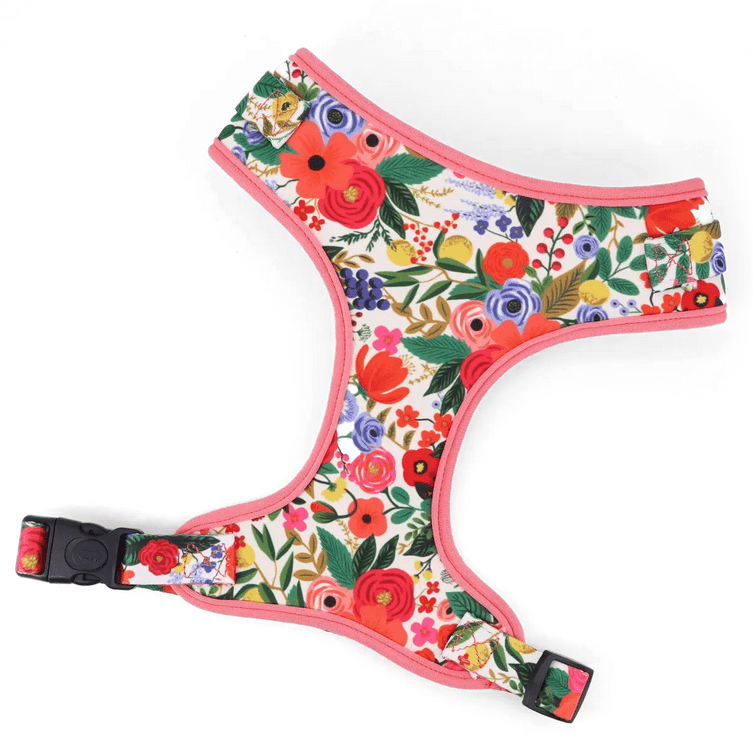 Strawberry-patterned adjustable pet dog harness with bowtie collar, suitable for weddings and birthdays, from Mona & Milo