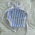 Small dog swimsuit Splashbury dark blue stripe bow one piece