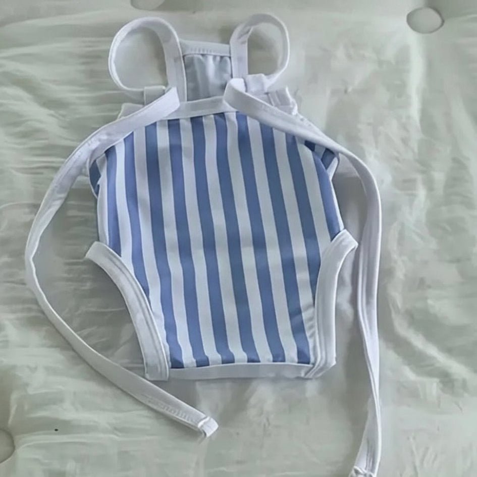 Small dog swimsuit Splashbury dark blue stripe bow one piece