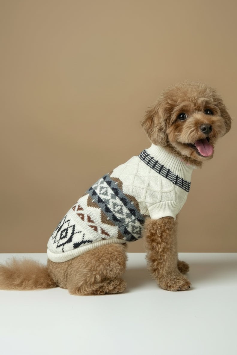 Elegant small dog sweater for Pomeranian Nordic knit close up
