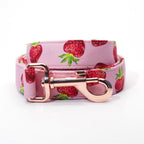 Mona & Milo Berry Belle dog collar and leash set with a floral pattern, pink and purple hues, and adjustable straps.