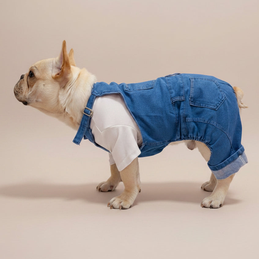 Mona & Milo Hugo denim jumpsuit overalls with adjustable straps and front pockets, styled on a model.