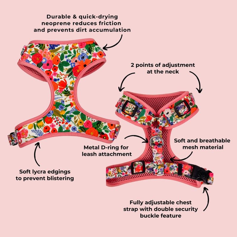 Strawberry pet harness with adjustable dog collar and bowtie, perfect for weddings or birthdays, by Mona & Milo