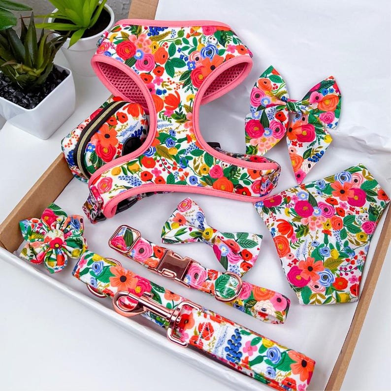 floral pet adjustable harness and bowtie collar for dogs, ideal for weddings and birthdays, shown on a small dog.