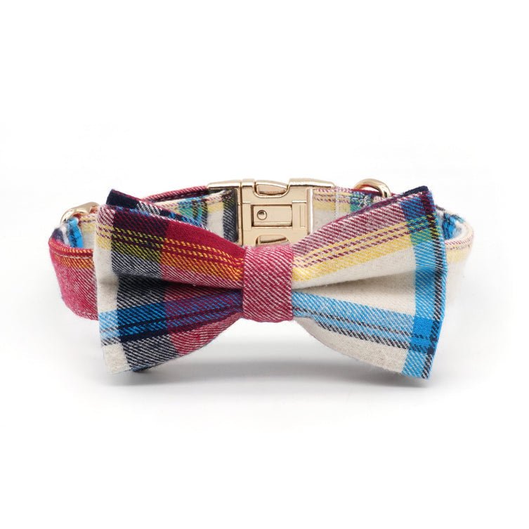 Plaid pet adjustable collar with bowtie collar for dogs, suitable for wedding or birthday celebrations.
