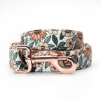 Durable metal buckle dog collar with engraved flower design, fashionable pet accessory for small to medium dogs.
