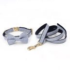 Custom striped pet leash and matching dog bowtie collar, suitable for weddings and birthdays, made by Mona & Milo