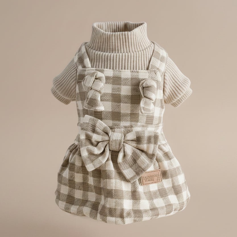 Mona & Milo Cozbury checkered dress and jumpsuit, casual stylish outfit with bold pattern, front view on a white background.