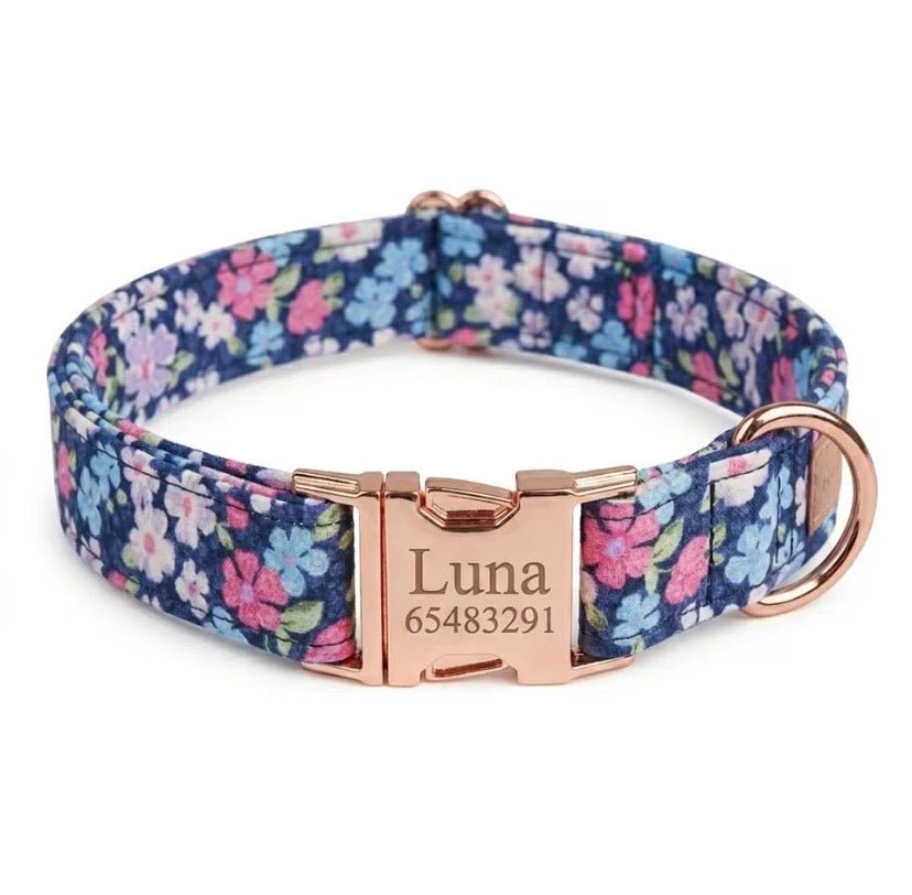 Blue Dahlia full walk harness by Mona & Milo with adjustable straps and metal hardware, designed for comfortable pet walking.