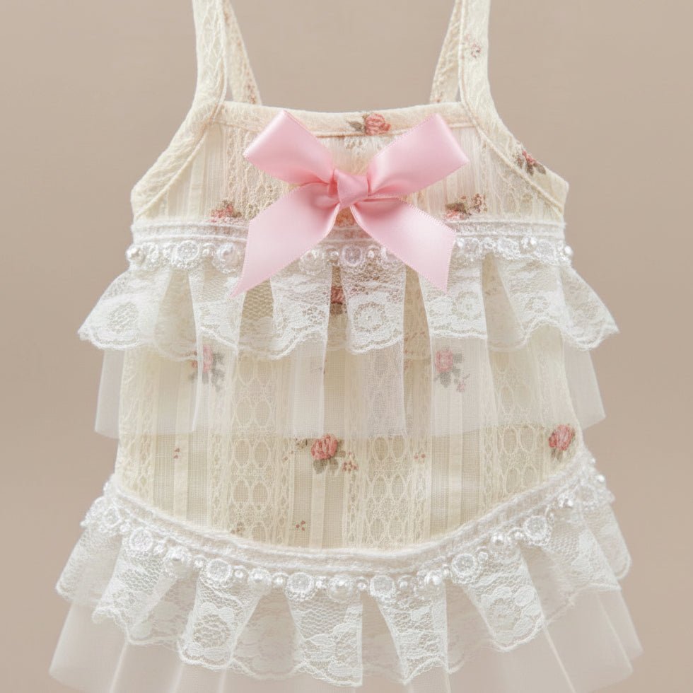Mona & Milo Camellia floral lace dress with delicate lace detailing and a fitted silhouette, perfect for elegant occasions.