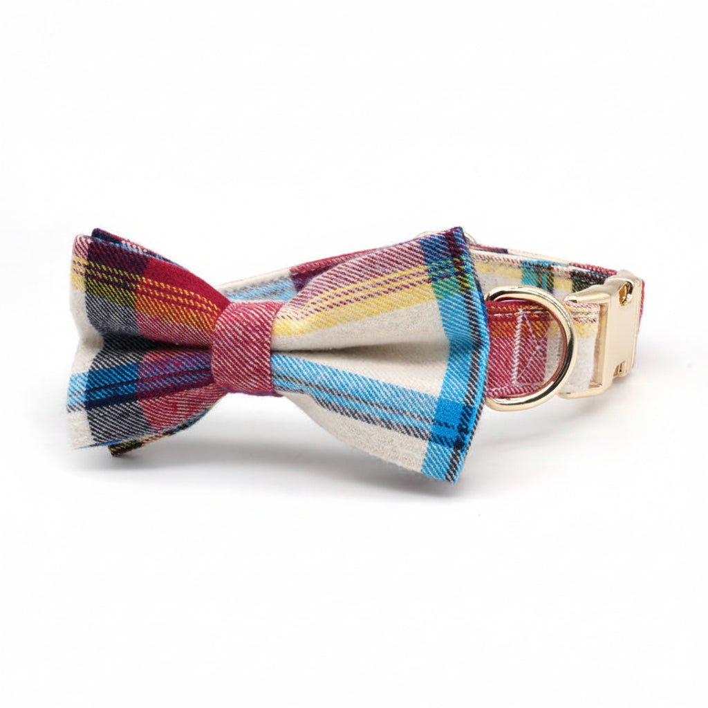 plaid-themed adjustable pet collar with bowtie collar for dogs, suitable for weddings and birthdays