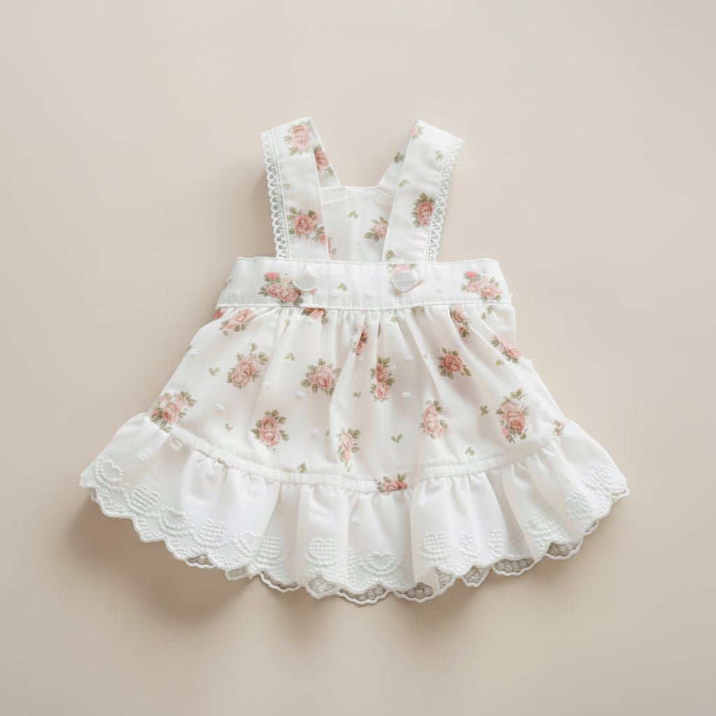 Mona & Milo Lola cotton floral dress displayed on a hanger with vibrant flower print and flowing fabric.