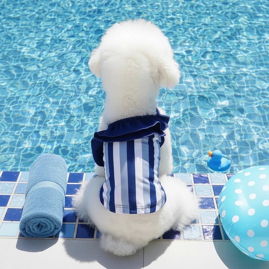Mona & Milo Nautique striped swimsuit displayed on a model, featuring blue and white horizontal stripes and a classic