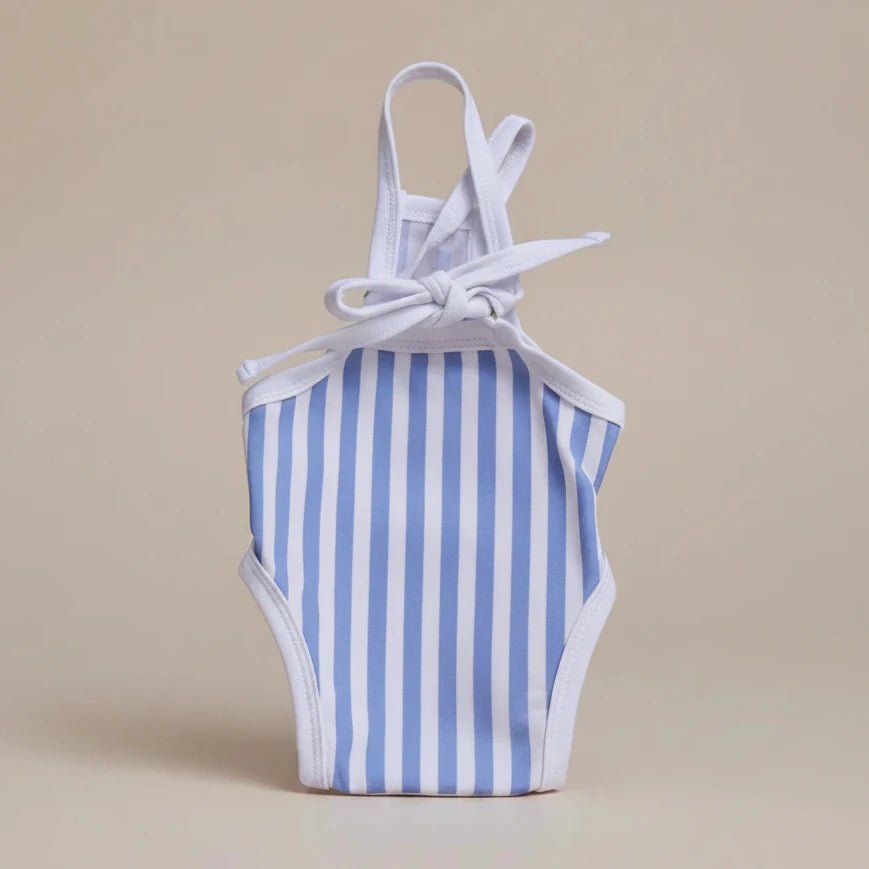 Small dog swimsuit Splashbury light blue stripe bow one piece