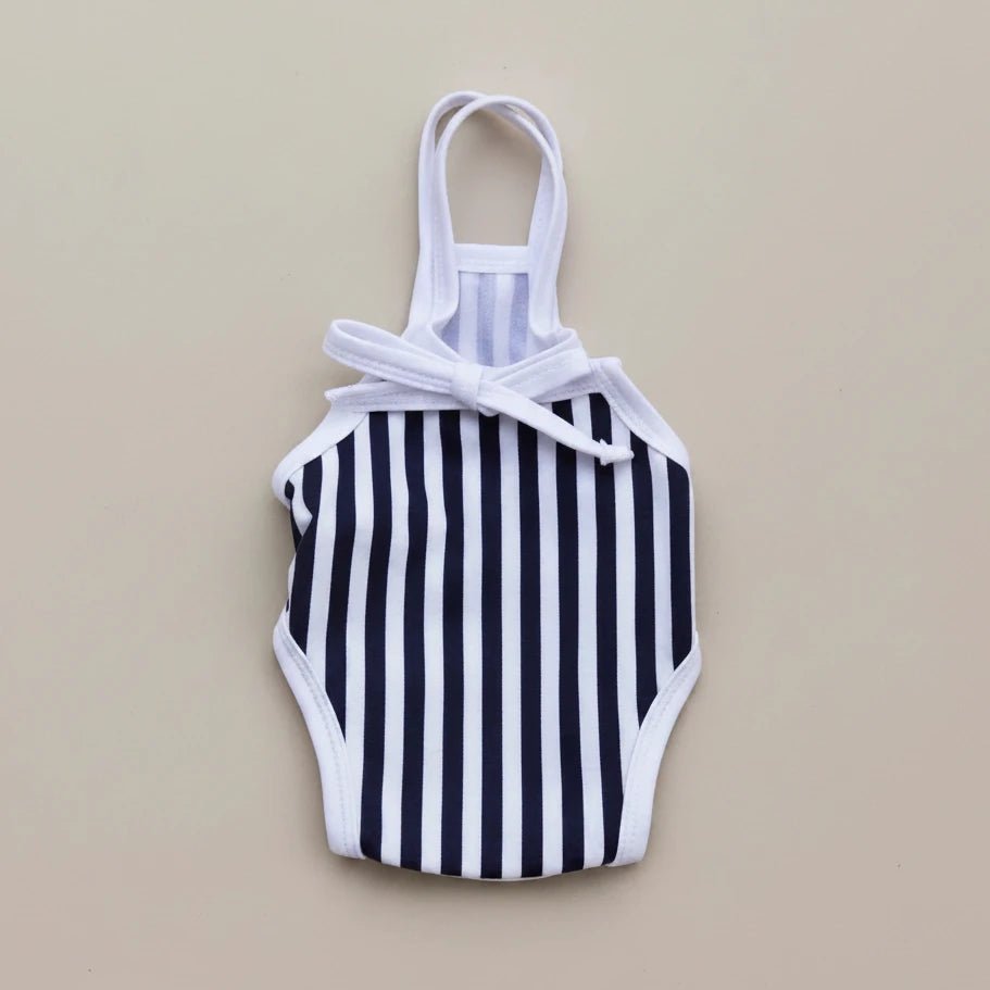 Small dog swimsuit Splashbury dark blue stripe bow one piece