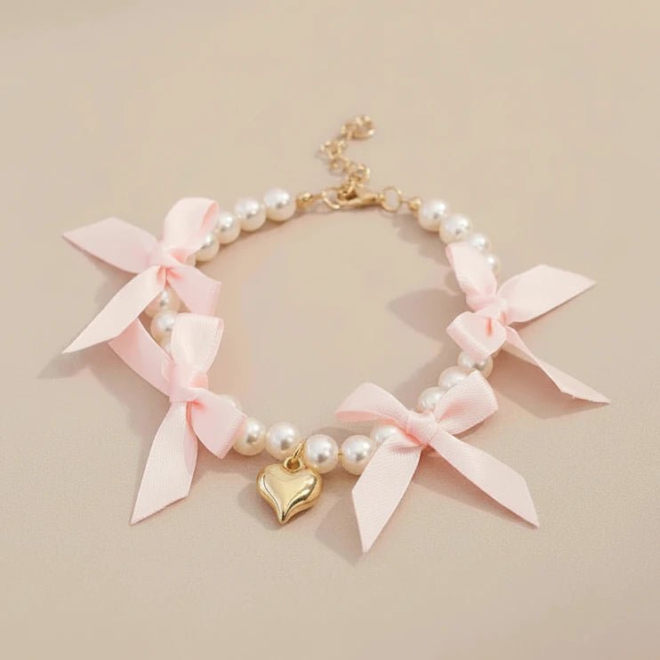 Maltese small dog necklace Velvet Heart pearl lace bows baby pink elegant

