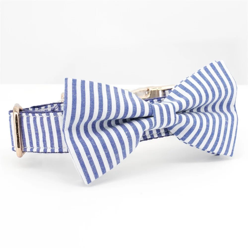 Custom striped matching pet leash and dog bowtie collar designed for weddings and birthdays, featuring vibrant patterns.