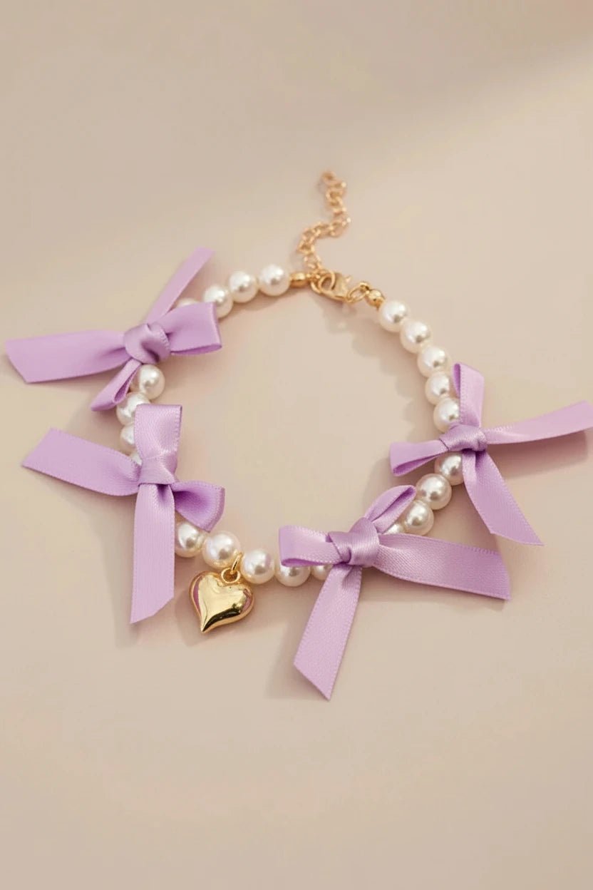 Chihuahua small dog necklace Velvet Heart pearl lace bows lavender soft
