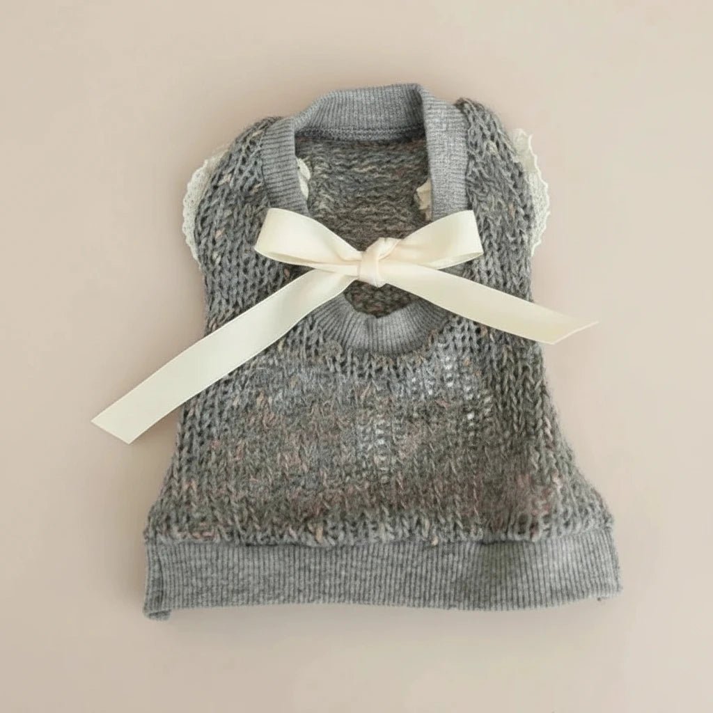Small dog cotton sweater Coquette light grey backless lace bow elegant
