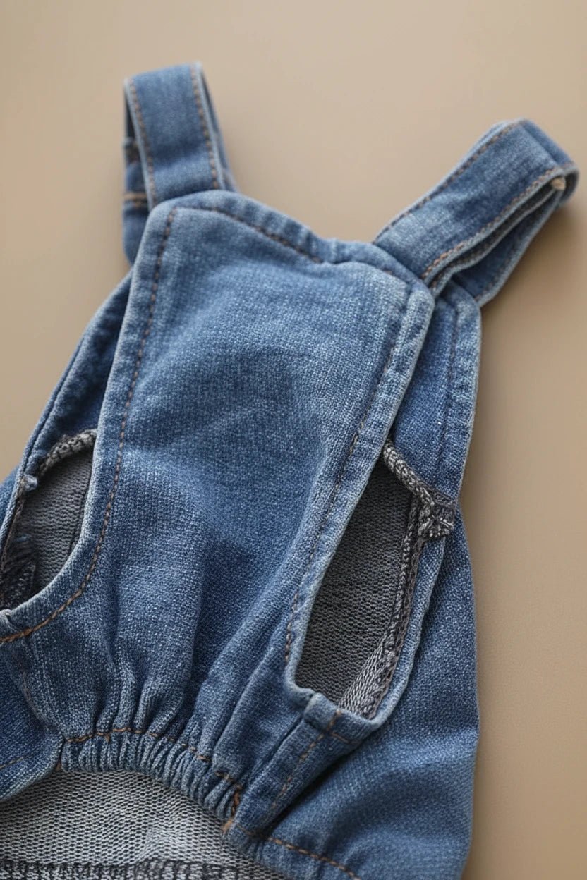 Beautiful small dog dungarees for Yorkshire Terrier denim flat lay
