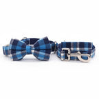 Classical plaid dog collar with bow and leash, adjustable pet accessory from Mona & Milo, featuring stylish, custom design.