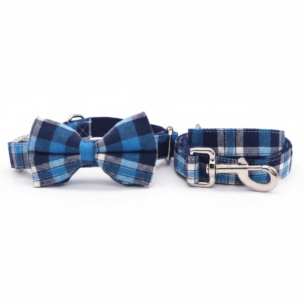 Classical plaid dog collar with bow and leash, adjustable pet accessory from Mona & Milo, featuring stylish, custom design.